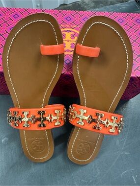 Tory Burch Orange Leather Jolie Toe Ring Slide Sandals Gold Hardware Size 6M